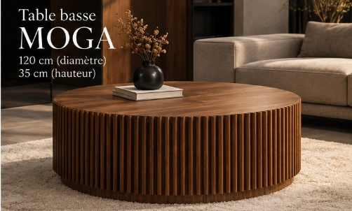 Table basse Noyer — Ronde cannelée 120 cm