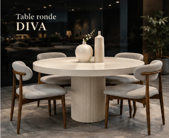 Table à manger ronde + 4 chaises — Blanc mat & noyer
